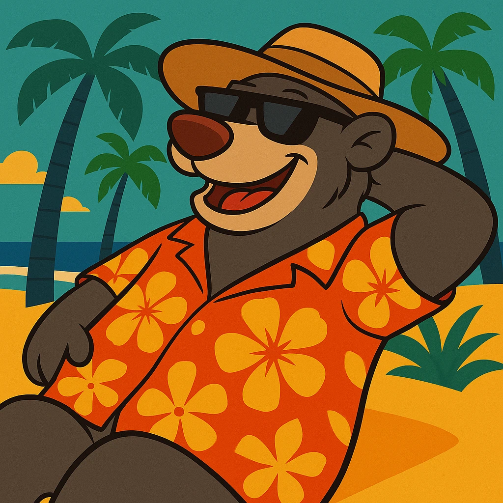 Add a wide-brimmed sunhat to Baloo the bear as he relaxes on the tropical beach, maintaining the vibrant and cheerful flat toon cartoon style with warm colors and playful details. emoji