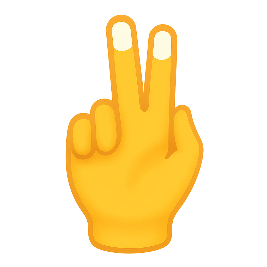 Female palm with two fingers up, matching the pose in the reference image, normal emoji style with transparent background, white nails. Variant 1. emoji