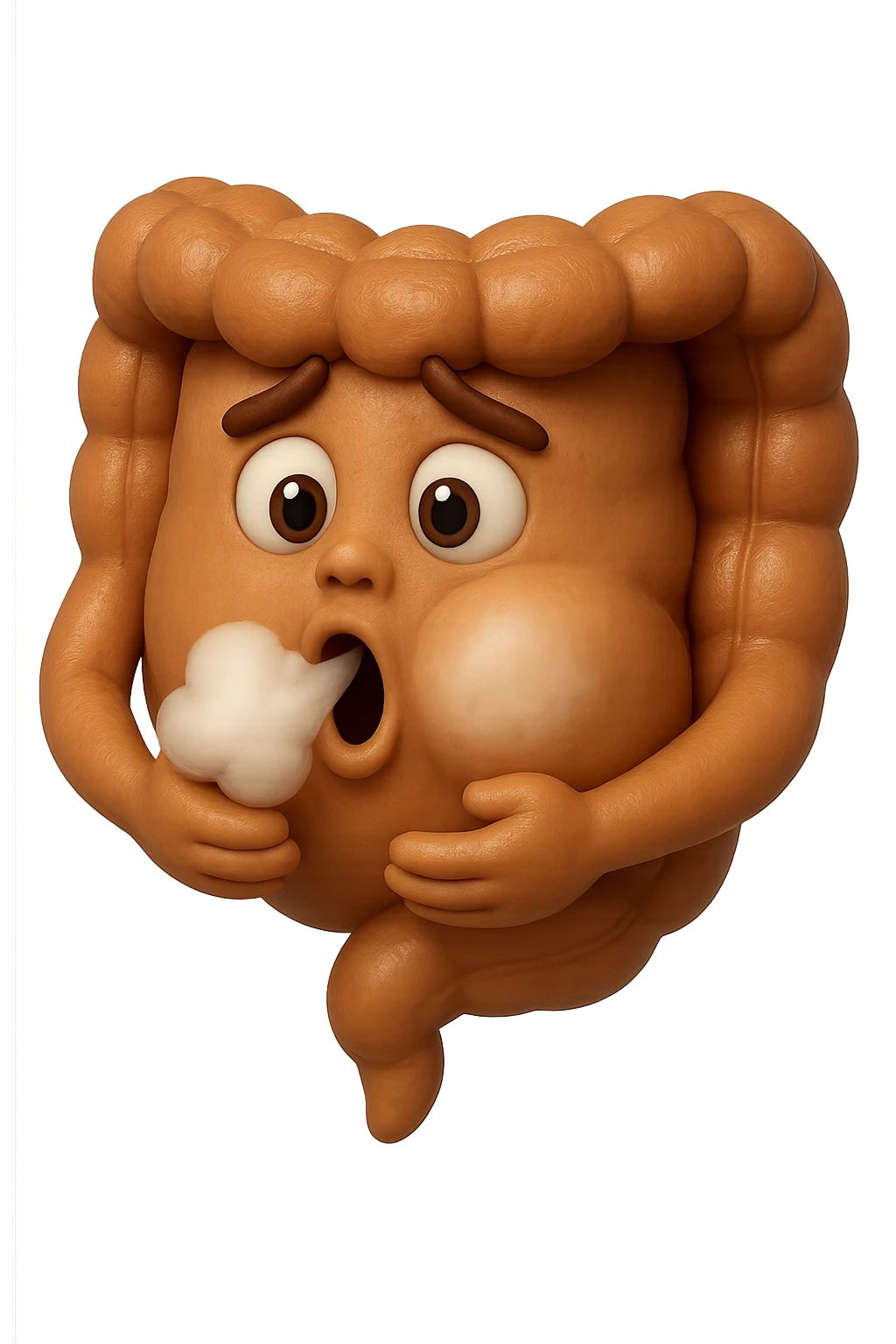 emoji stile iphone di un intestino che ingoia una nuvoletta di aria ben visibile e gli si gonfia la pancia, iperrealistico 4k emoji