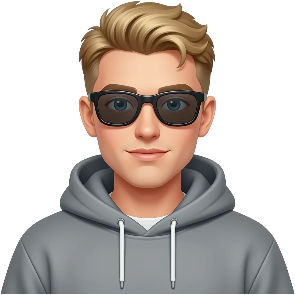 Apple-style emoji of a young blond man with a faded haircut, wraparound sports sunglasses, and an oversized vintage hoodie. High-quality 3D Apple emoji aesthetic, simple yellow background. emoji