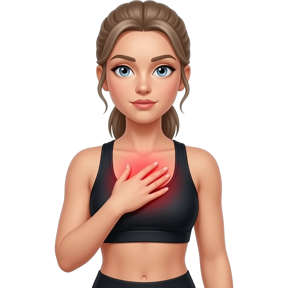 all chest tension, red glow on all chest, woman touching upper chest, fair-skinned woman, gray-blue eyes, ash brown brows, ash light brown hair tied back, slim athletic body, black workout set, white background emoji