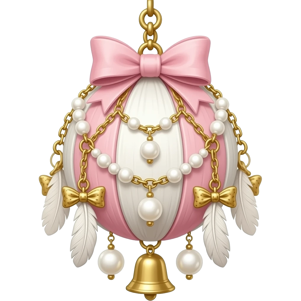Hanging pastel Sakura-pink white-wooden gold crystals white-pearly ornament with a tiny cute gold bell and many tiny chained beads bow tie feathers emoji