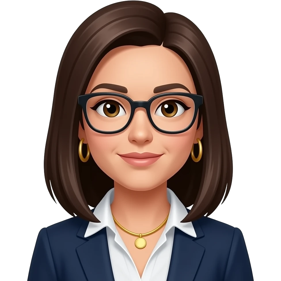 chaos, dark brown straight hair, glasses, marketing, recruiting, gold bracelets and gold earrings emoji