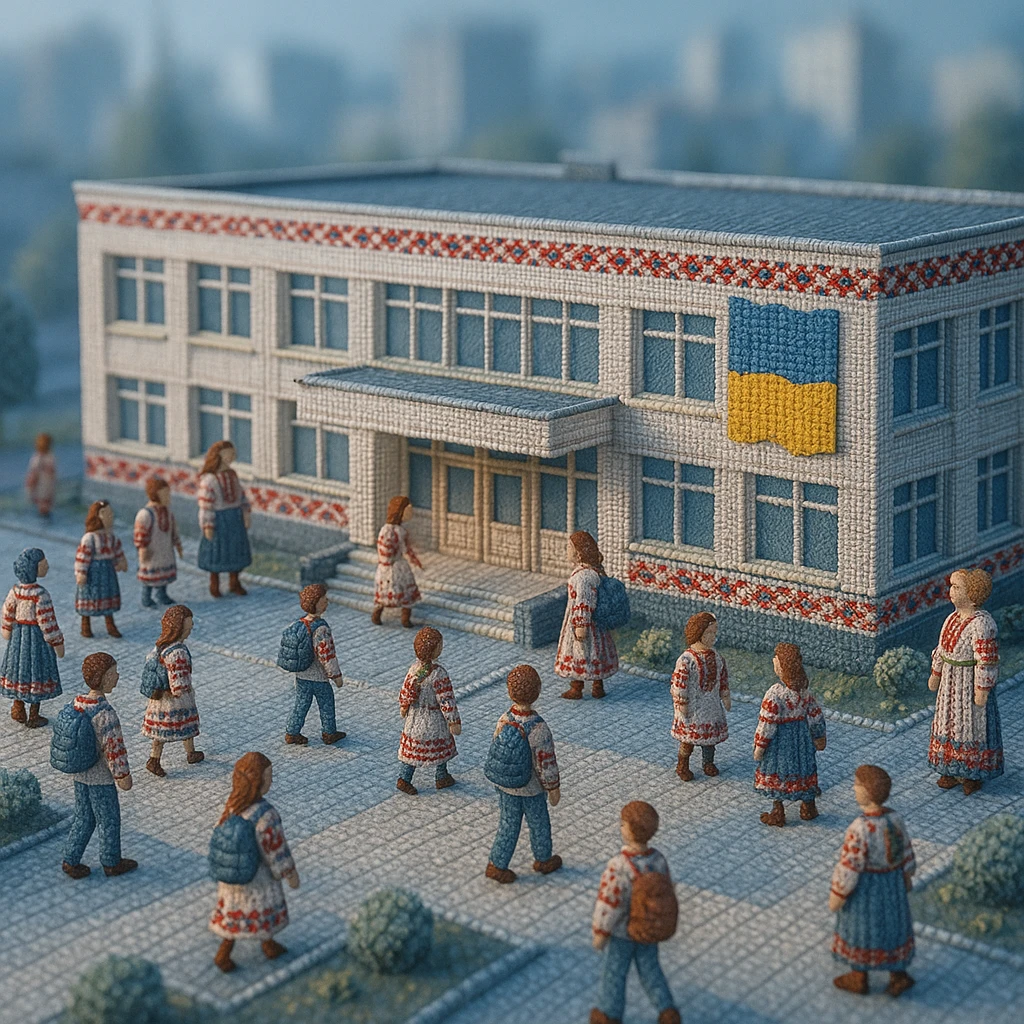 Highly detailed 3D tilt-shift diorama: modern Ukrainian school in embroidery style, students and teachers present. Cool morning light, dreamy, calm, with a blurred cityscape background. emoji