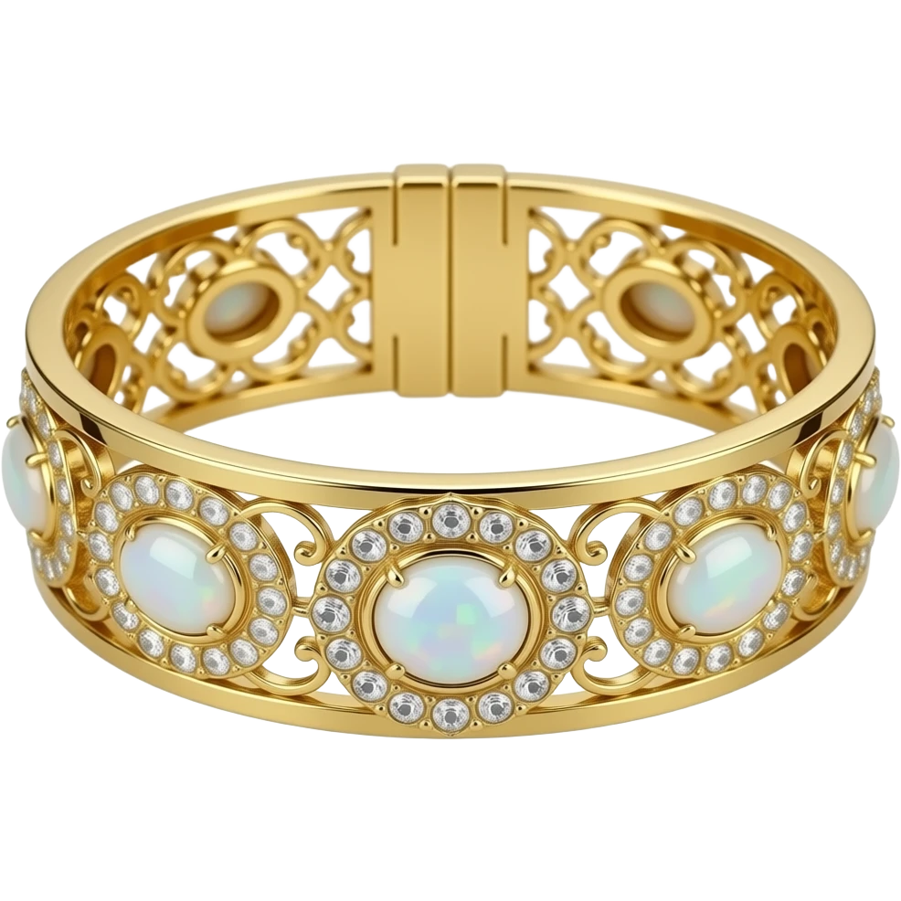 Van Cleef, luxury absolutely stunning white opal gemstones, 24k gold bracelet, hyperrealistic, highly detailed, 8k, 600 dp, isolated, 3d rendering  emoji