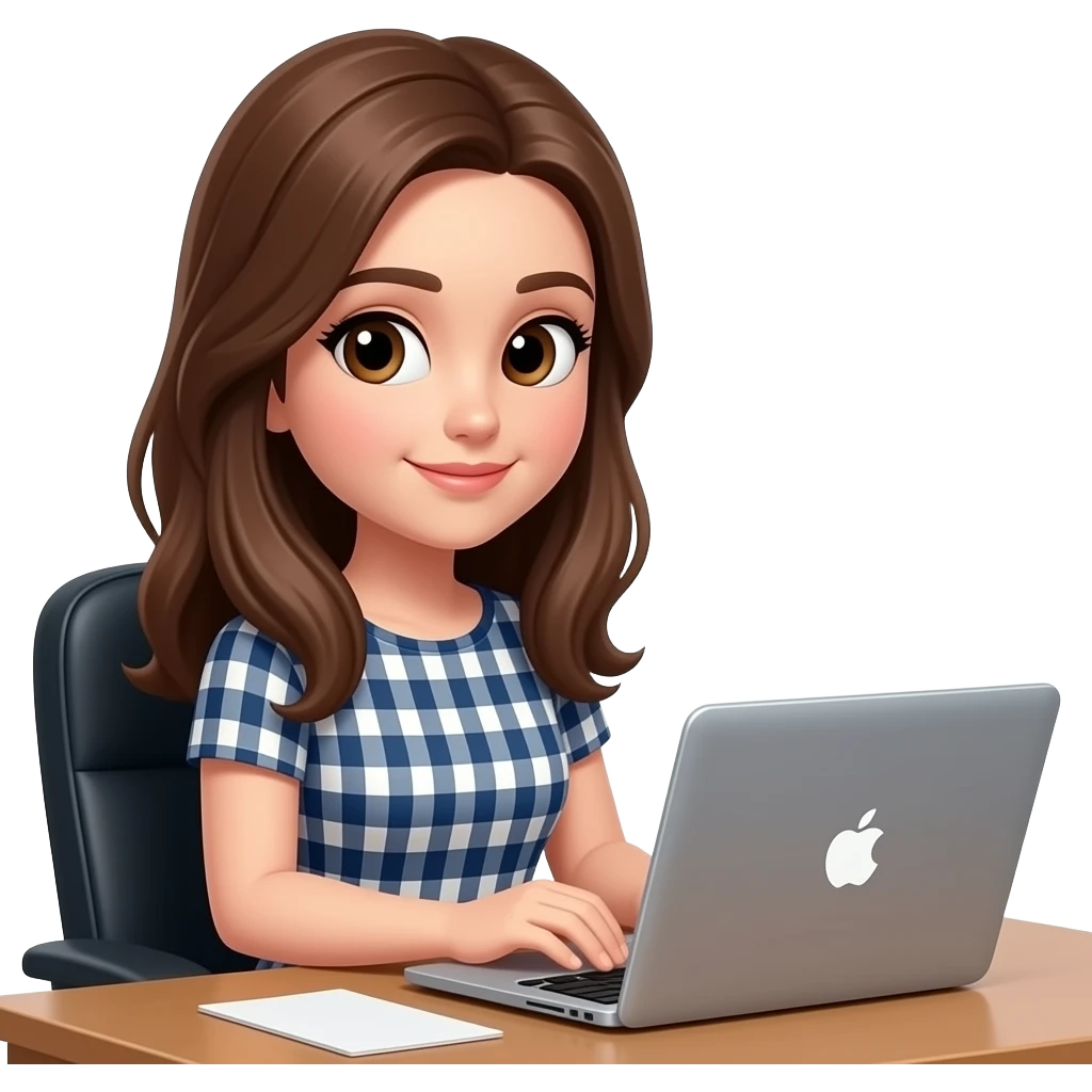 Girl with brunette hair, wearing a dress, sitting in a office table and using MacBook emoji