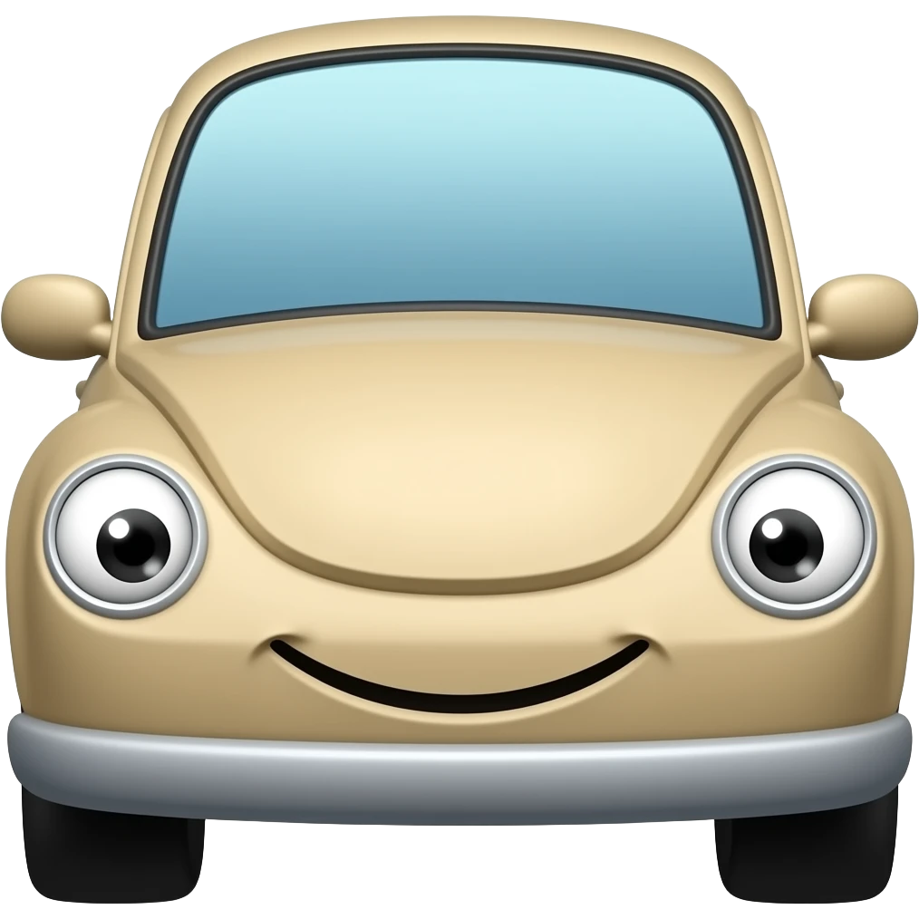 A beige car with eyes as the headlights and a funny mouth emoji