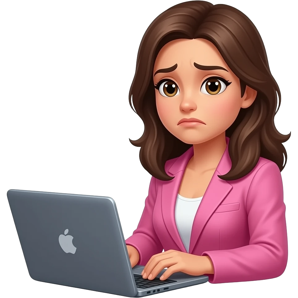 brunette woman wearing pink blazer working on laptop making a disapointed face emoji