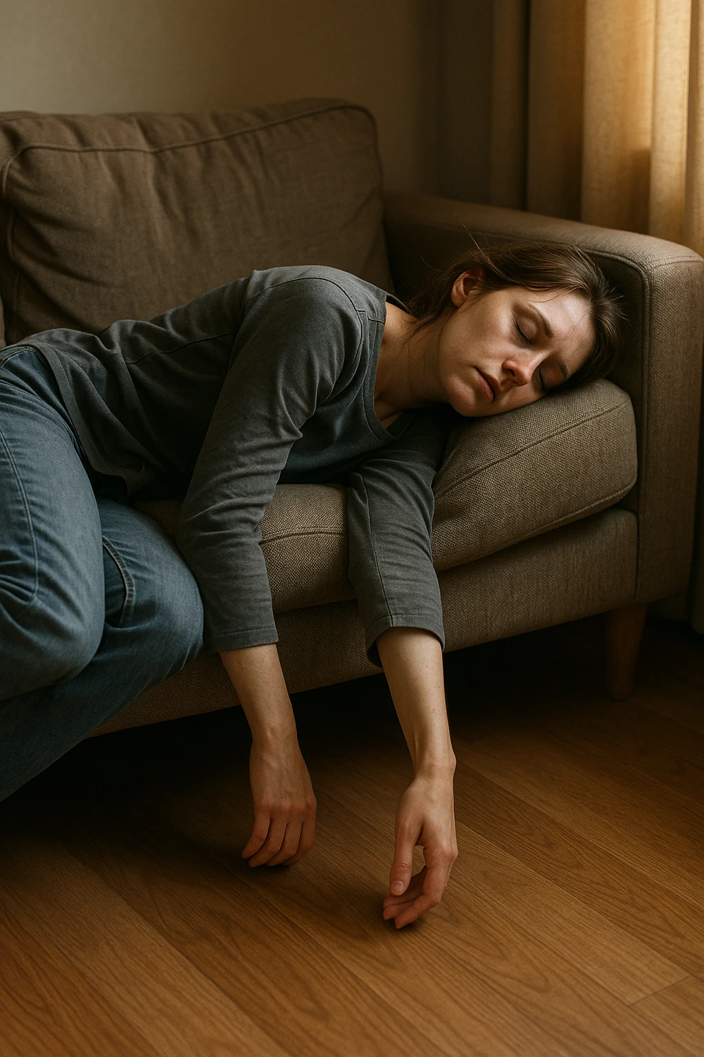 Empathetic photorealistic shot of a woman collapsed on a sofa, her body completely limp as if made of lead. One arm hangs off the edge, touching the floor. Her eyes are closed, face pale with dark circles. The afternoon light is warm but fails to energize the scene, emphasizing her profound exhaustion. emoji