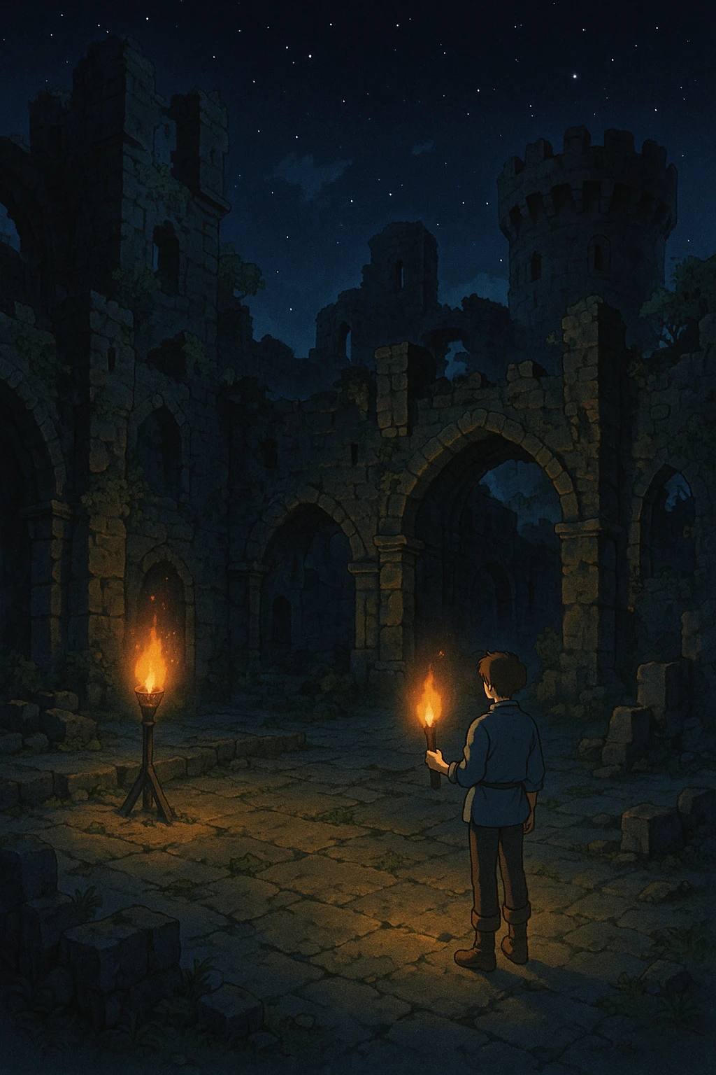 Midnight castle ruins torchlit courtyard emoji