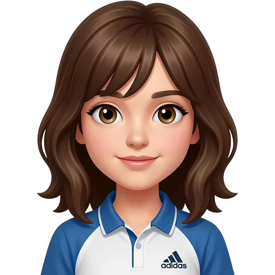 Creat a girl with brown shoulder length hair and brown eyes and a shirt that has an adidas logo on emoji