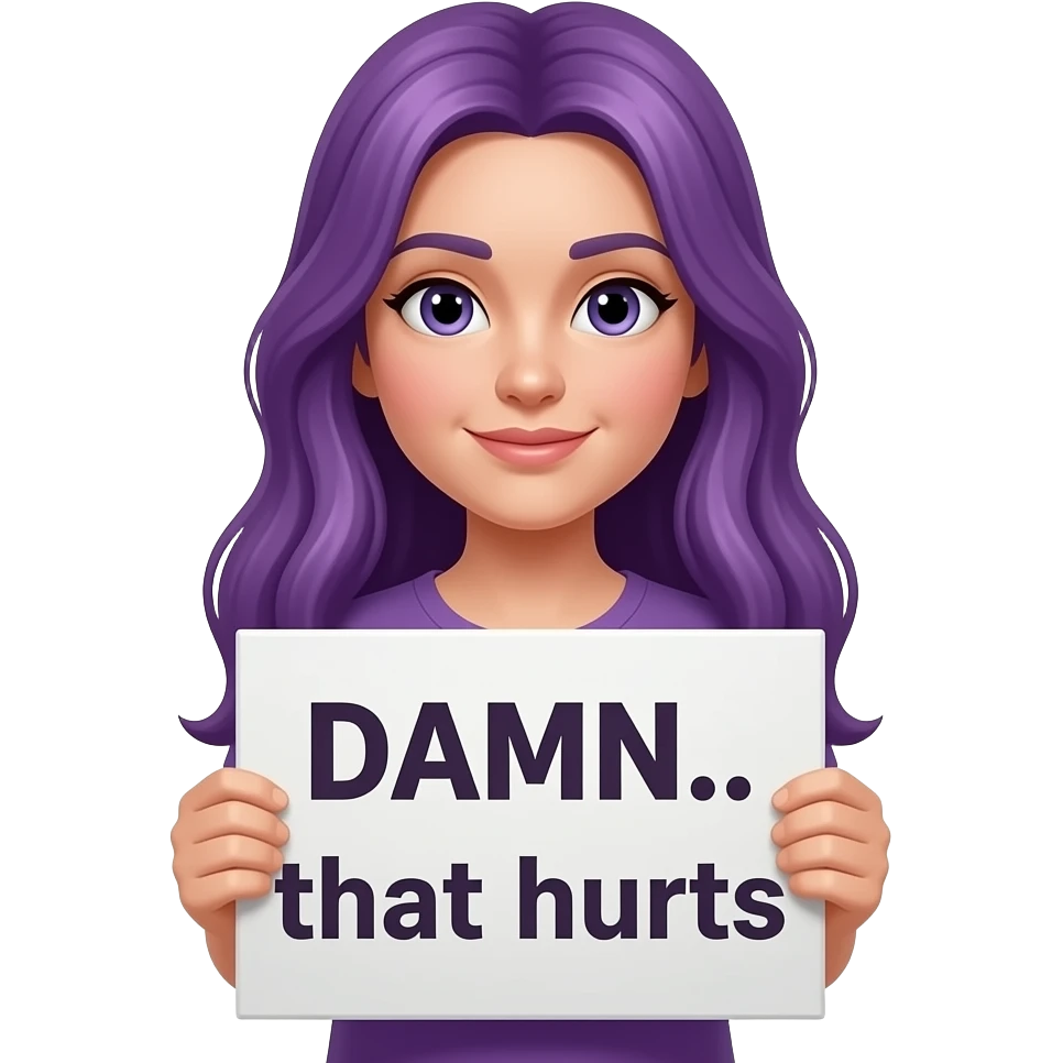 girl with long purple hair holding a DAMN... that hurts sign emoji