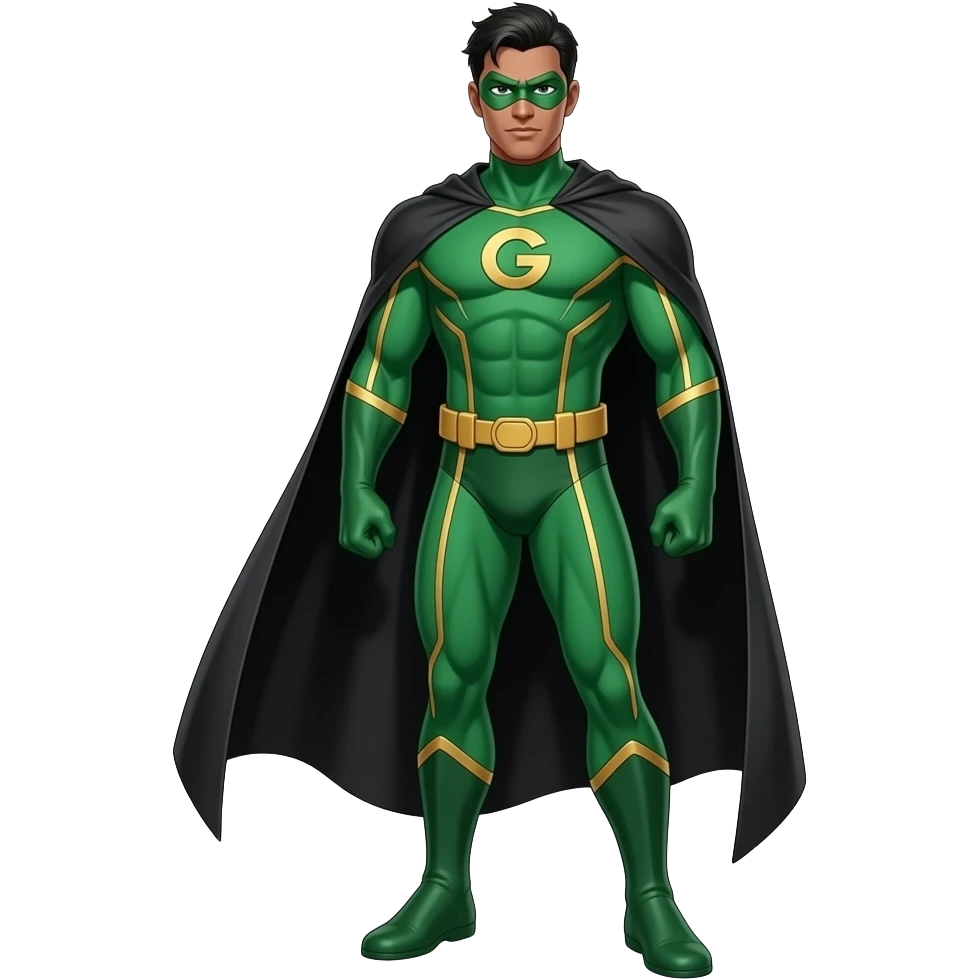 Anime male brown skin superhero suite all green and gold lines black long black cape green masks look superstrong black slick hair letters G on the suite very tall full body emoji