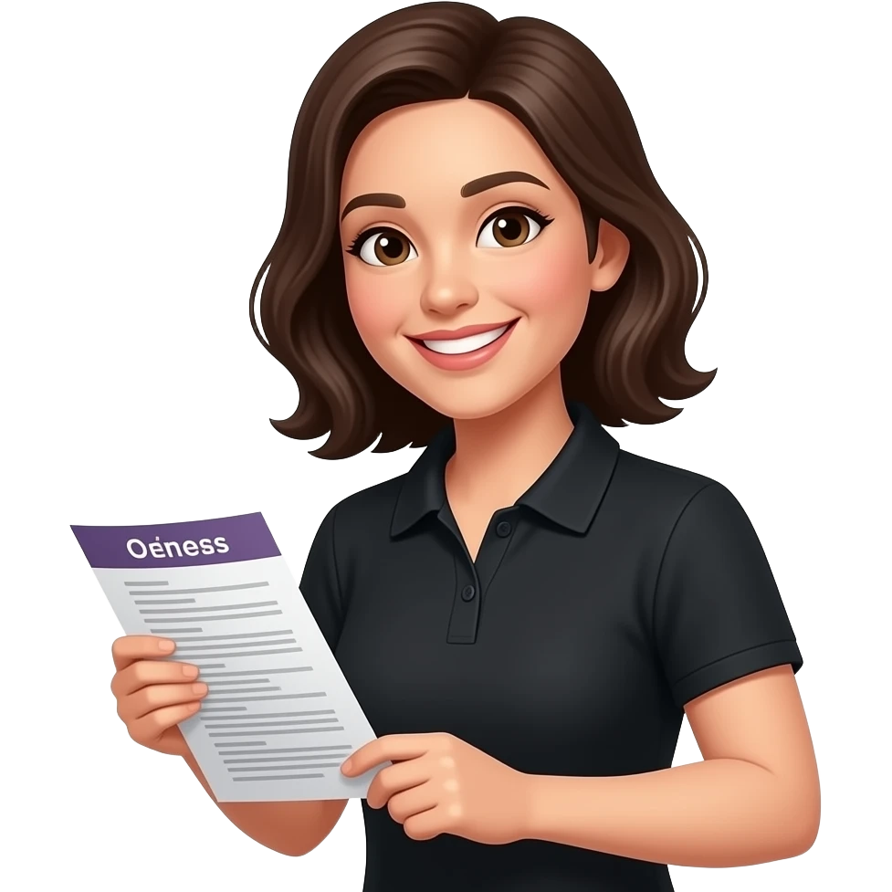 female community Manager, black polo shirt, smiling and holding event list emoji
