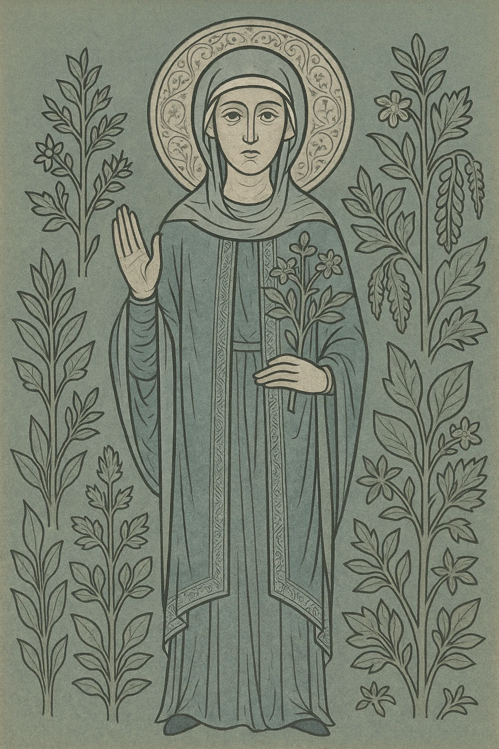 medieval wise woman, herbalist, surrounded by plants, historical style emoji