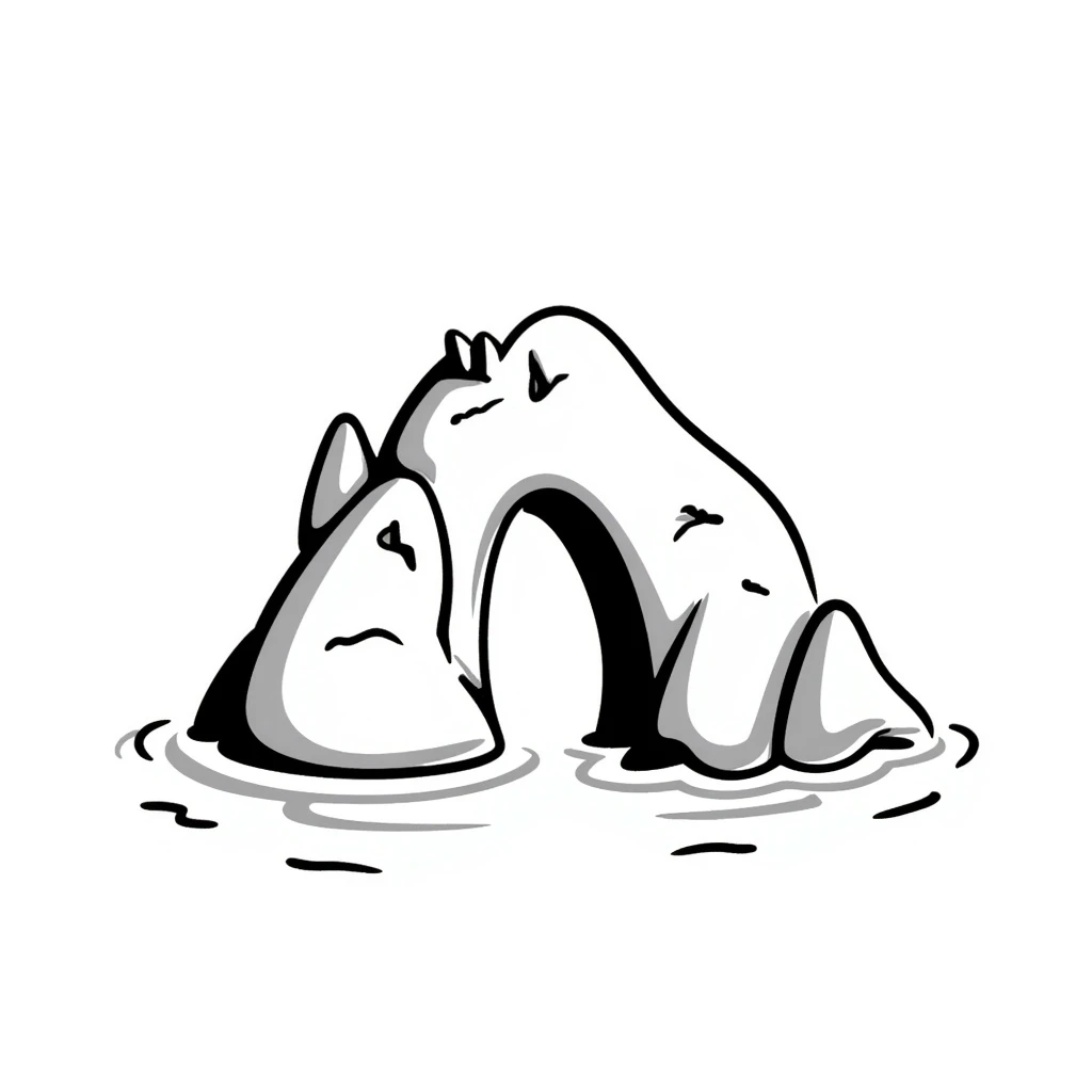 an island with a large hole or arch through it, surrounded by water, hand drawn doodle style emoji