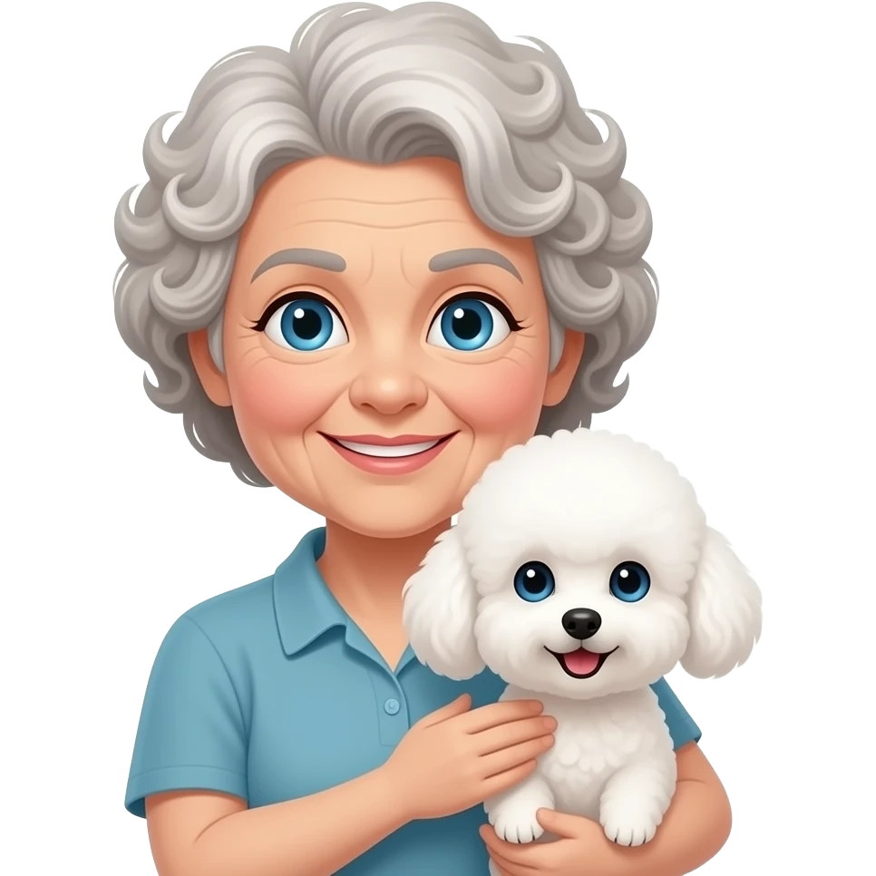 Elder woman curly hair blue eyes having a  white Maltipoo emoji