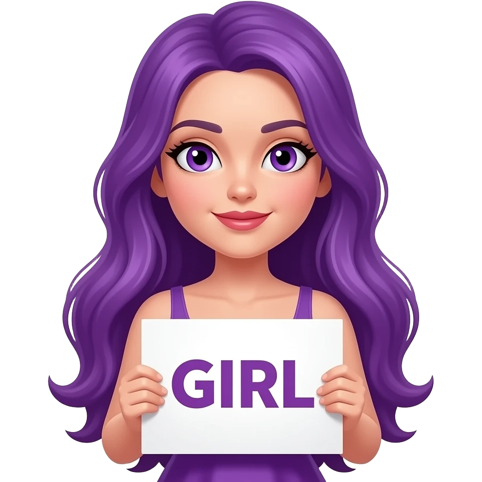 sexy girl with long purple hair and purple eyes wearing a dress holding a GIRL! You can do anyything sign emoji