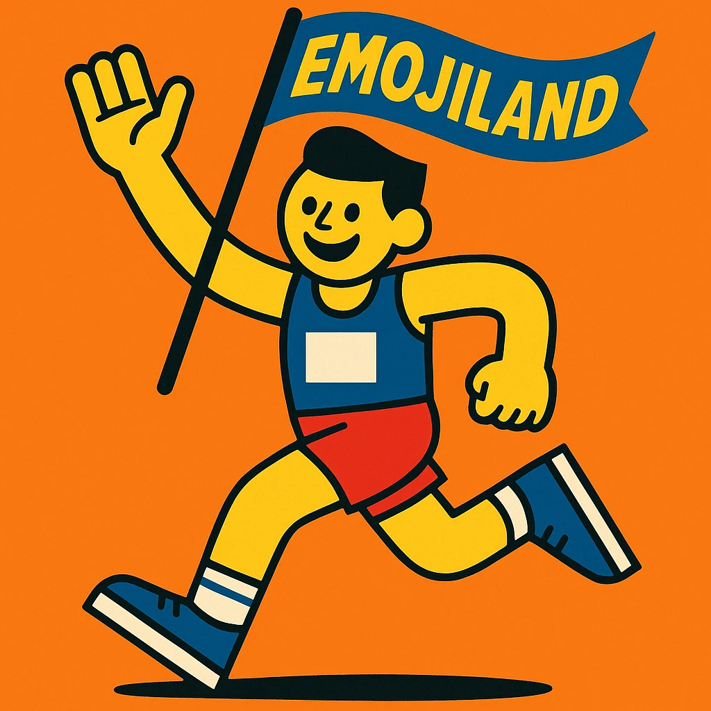 happy runner waving a flag that says 'emojiland' emoji