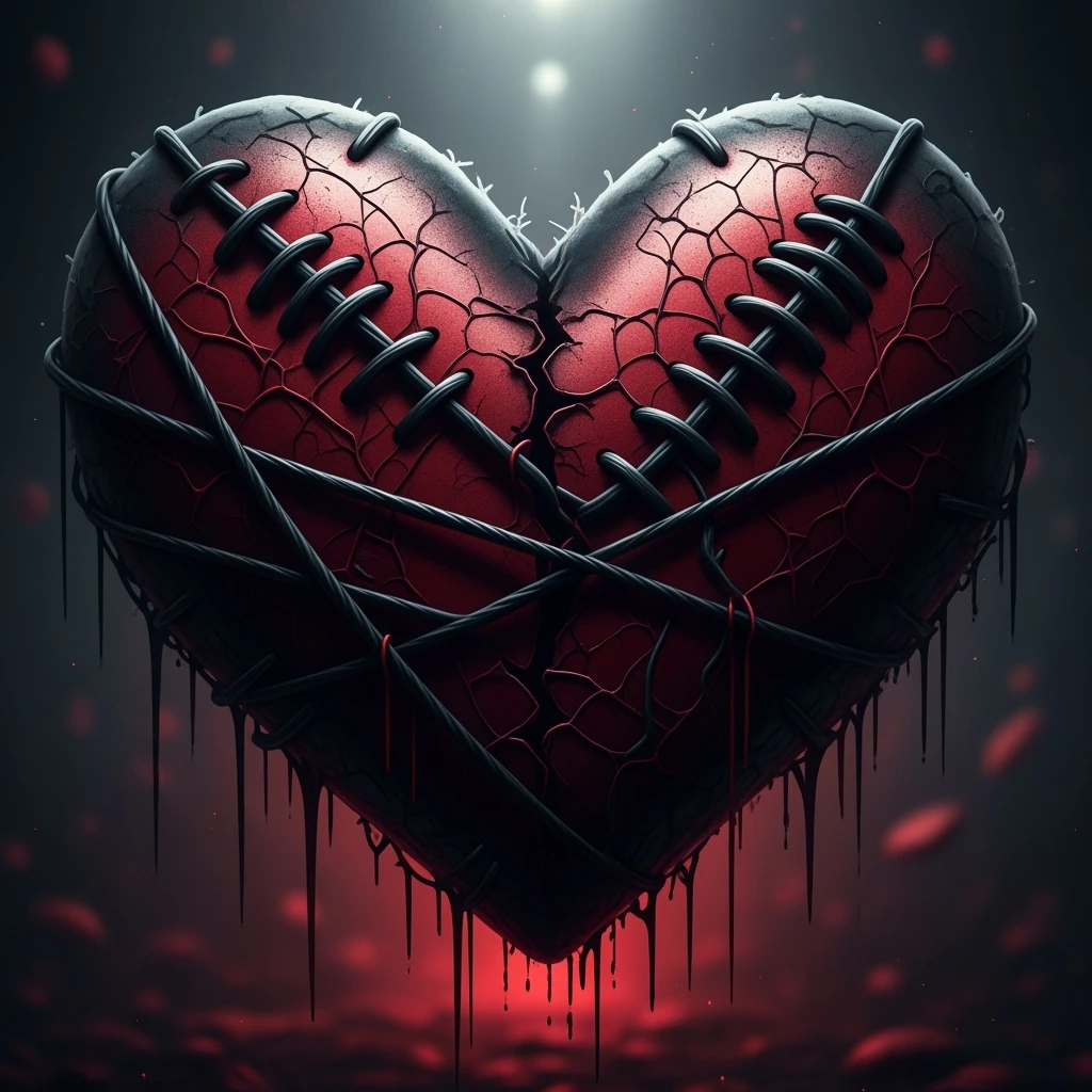emo heart, black and deep red, stitched, broken or cracked, moody atmosphere emoji