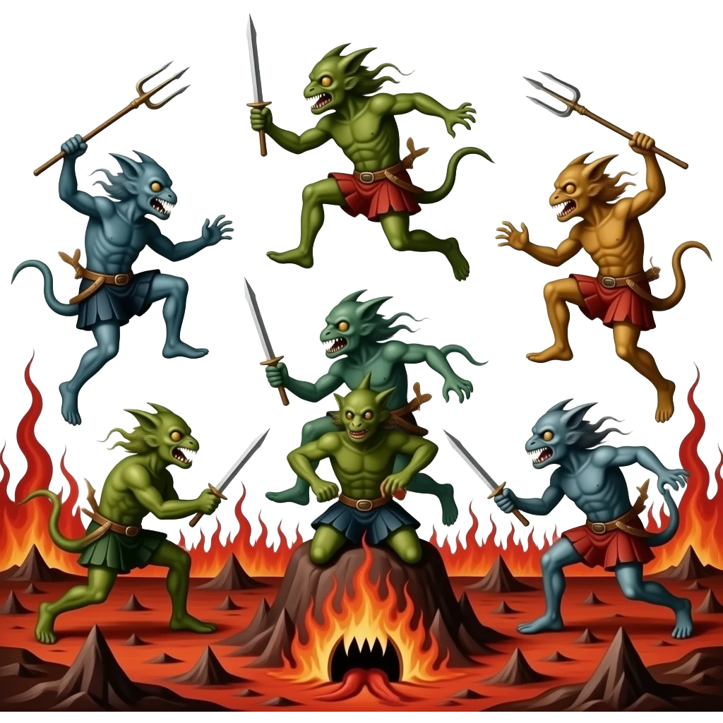 phantasmagorical creatures from Hieronymus Bosch's painting from the scene of Hell, jump on each other, fight and stab with tridents emoji
