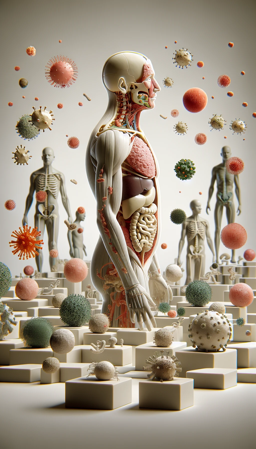corpo umano anatomico di profilo con virus e parassiti che cercano di attaccarlo , sfondo neutro chiaro, iperrealistico 4k emoji