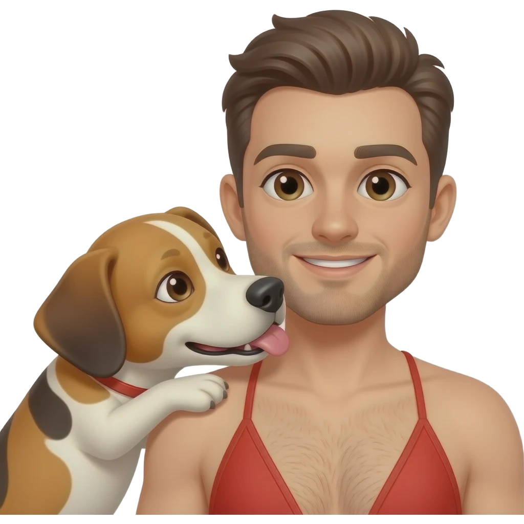 Male dog licking man in red bikini's neck emoji