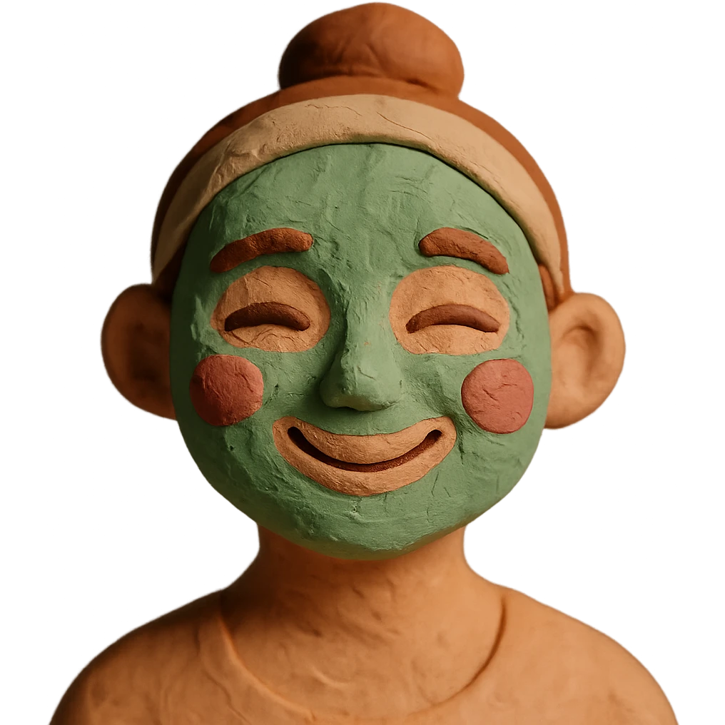 a smiling face covered in green clay mask, claymation style emoji