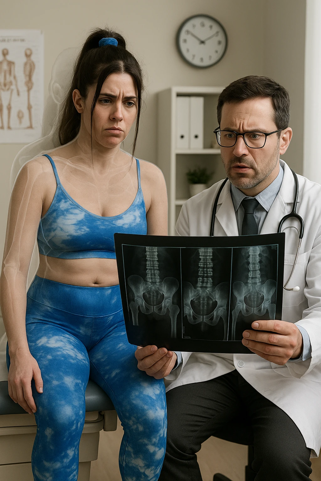 a person sits in a doctor’s office, holding medical imaging results (like X-rays or MRI scans) that appear normal. However, a subtle shadow or ghosted outline around their body reveals postural asymmetries—such as uneven shoulders or hips—that are not visible in the scans. The doctor looks puzzled, while the patient appears frustrated. emoji