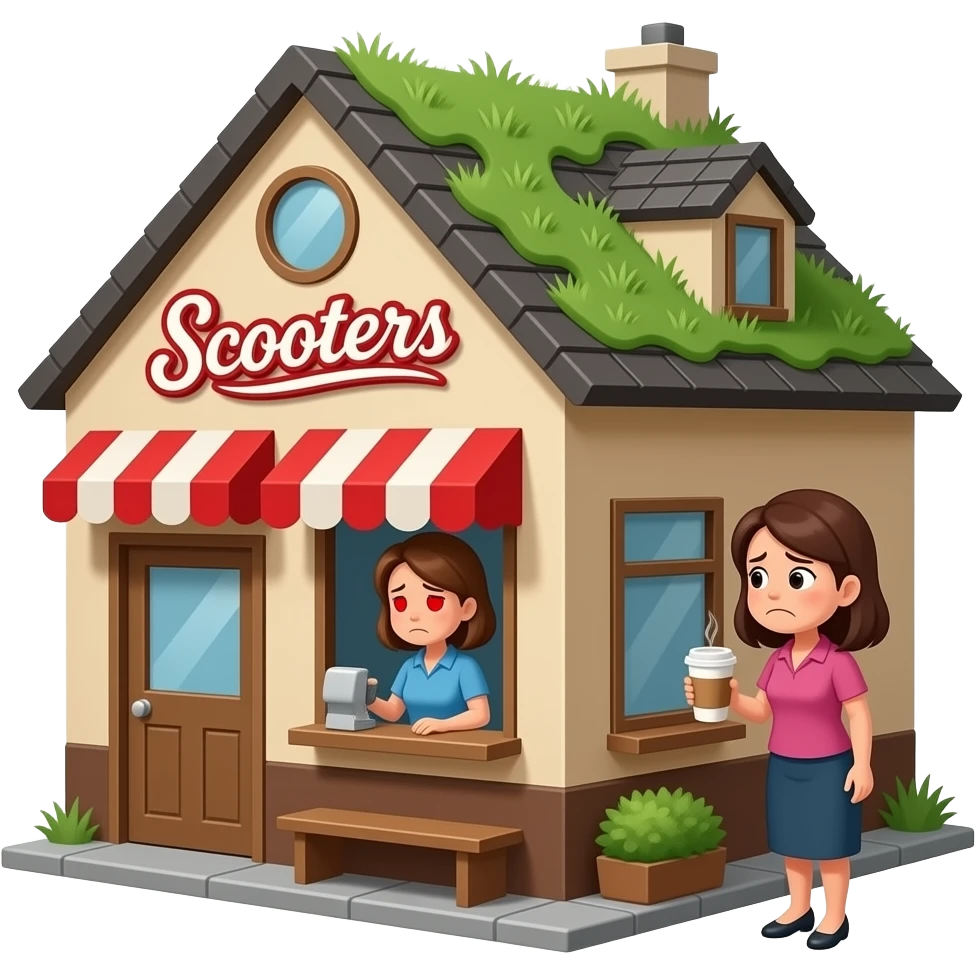 A coffee shop named "Scooters" with a pitched roof with grass growing on it. The logo is red, the building walls are tan and brown. A lady with red stressed eyes is working the drive-through window.  Another lady, even more stressed and seemingly an addict buys coffee. emoji