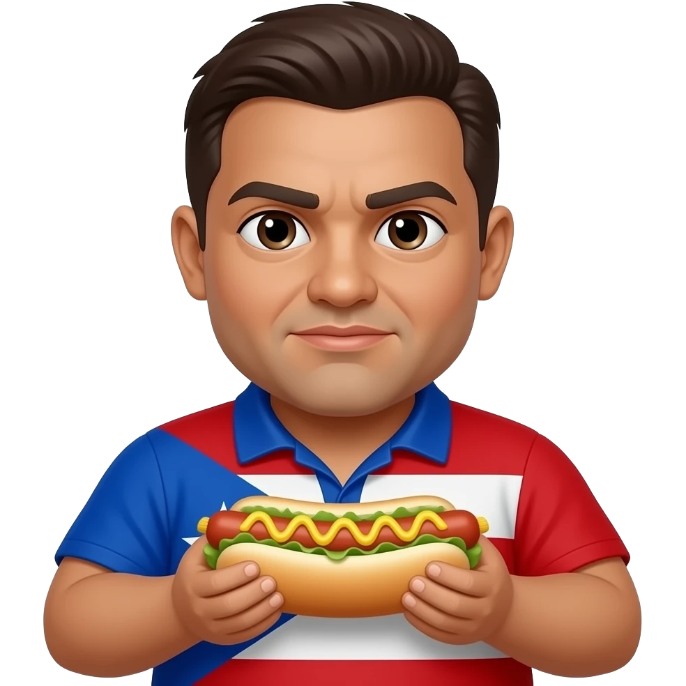 puerto rican light tan brown skin chubby with face fragmented collage face straight face ugly holding a hotdog emoji