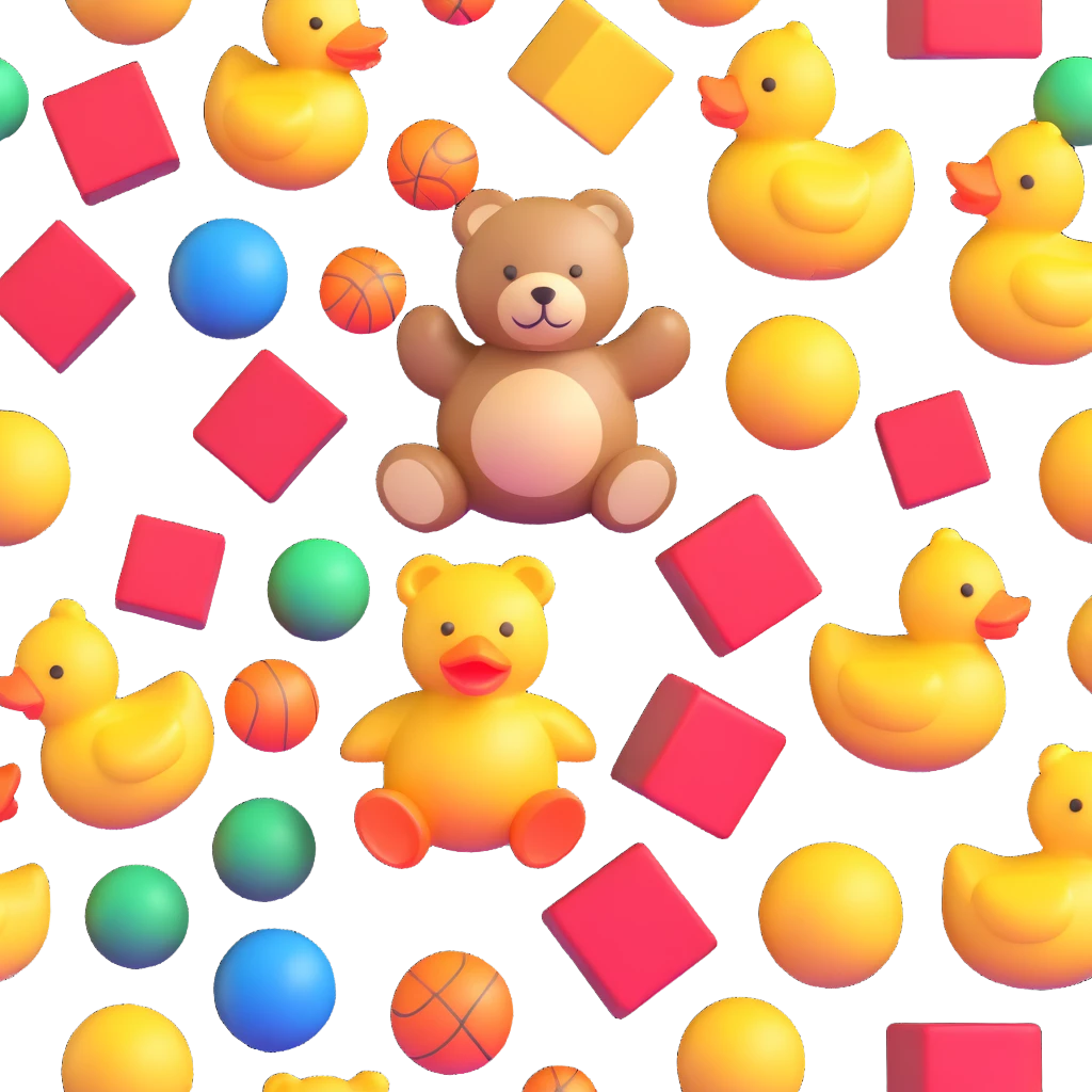 Colorful toys scattered together - teddy bear, rubber duck, toy blocks, ball, and action figures emoji
