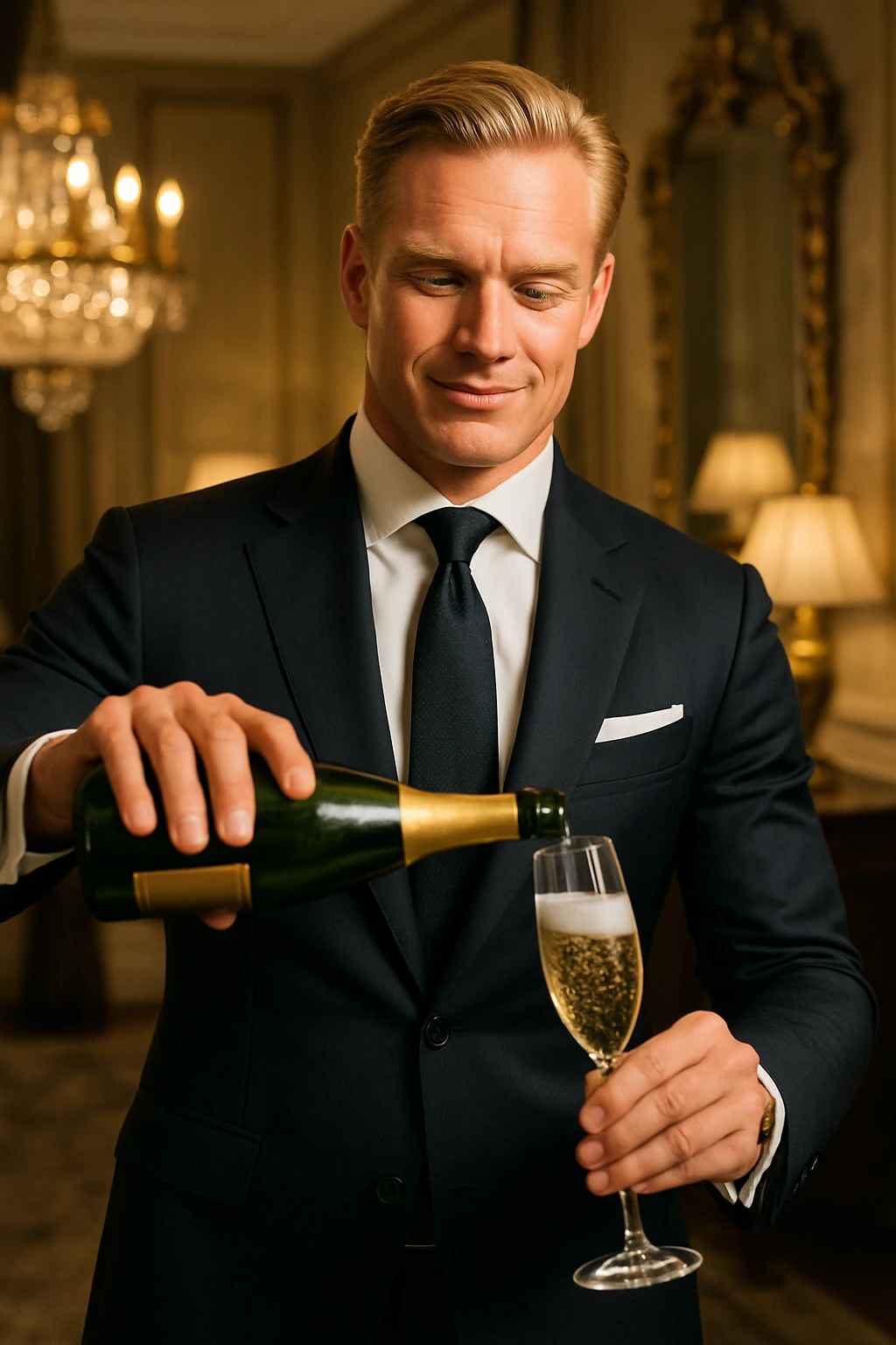 A powerful, wealthy, and healthy blonde white man in a tailored suit, pouring champagne, radiating confidence and affluence. emoji