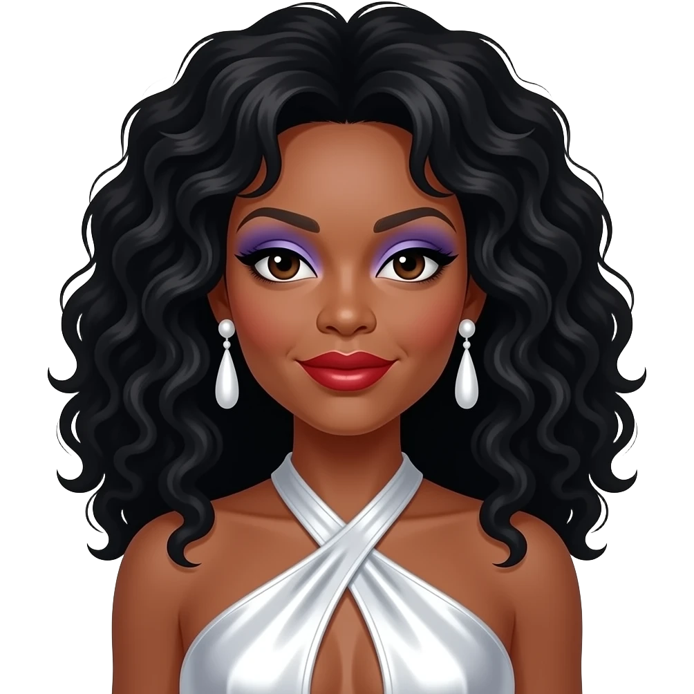 Diana Ross with dark brown eyes, long black disco curls hair, periwinkle eyeshadow, red lipstick, white metallic halter dress, white earrings emoji