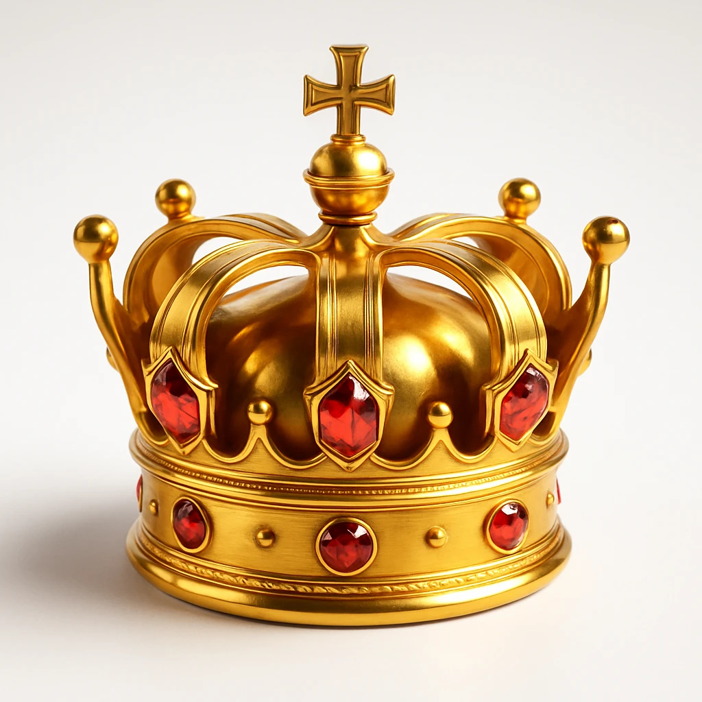 realistic big glowing gold crown with red gems, vivid colors, gemstone highlights emoji
