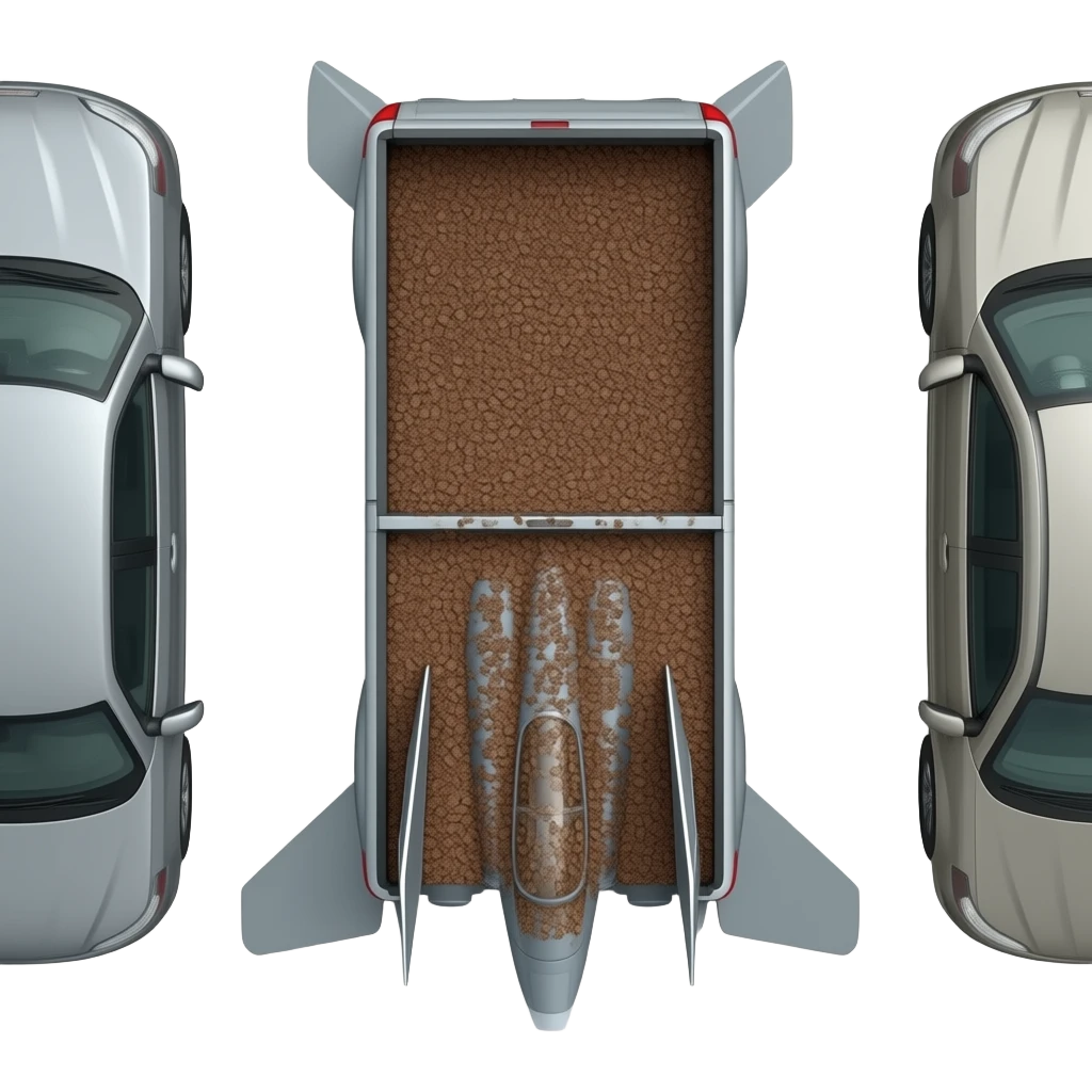 Gray F150 with full of Bark chips in the back side view  Now make it upside down in between two other cars emoji