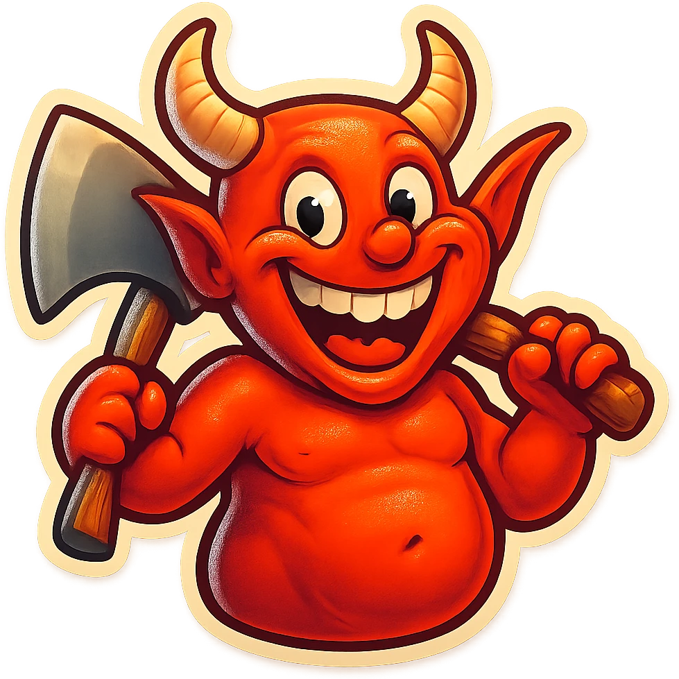 Edit the demon to appear funny and cheerful, with a wide Joker-style smile and a silly, joyful expression. Retain the axe, add a colorful, cartoonish touch. emoji