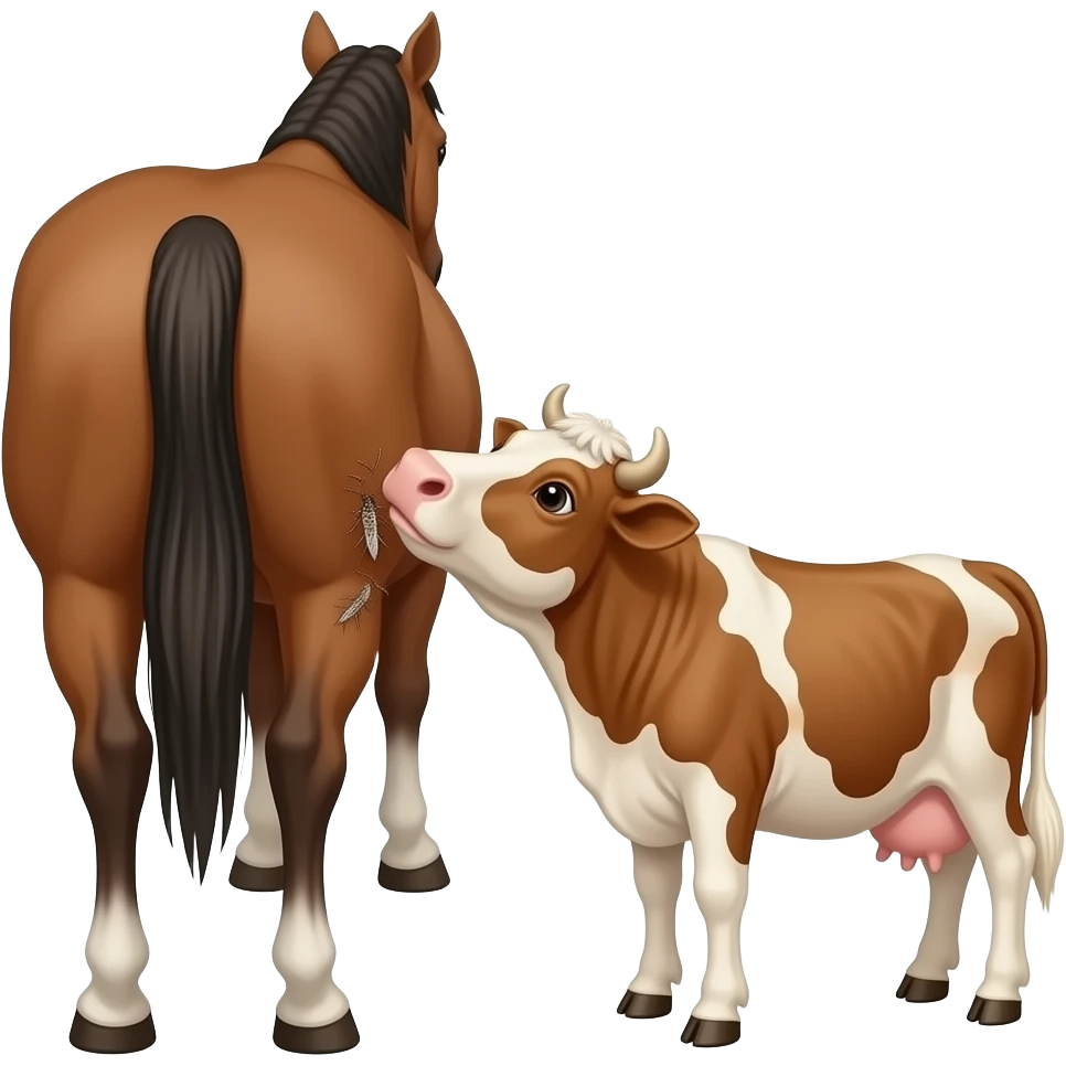 A cow getting fleas off a horses tail from behind emoji