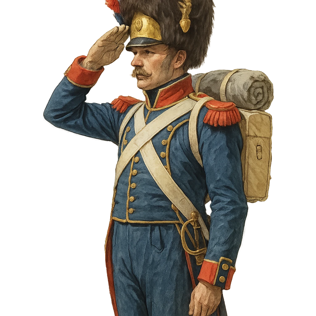 Vieille Garde soldier, Napoleonic era, saluting, blue uniform with gold trim, bearskin hat, historical emoji