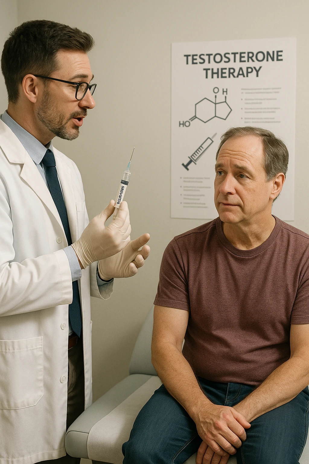 a doctor in a white coat prepares a syringe labeled “Testosterone” while a middle-aged man sits calmly on the examination table, sleeve rolled up and looking slightly apprehensive but trusting. The doctor explains the procedure, and a medical chart about testosterone therapy is visible in the background. The mood is professional and reassuring. emoji