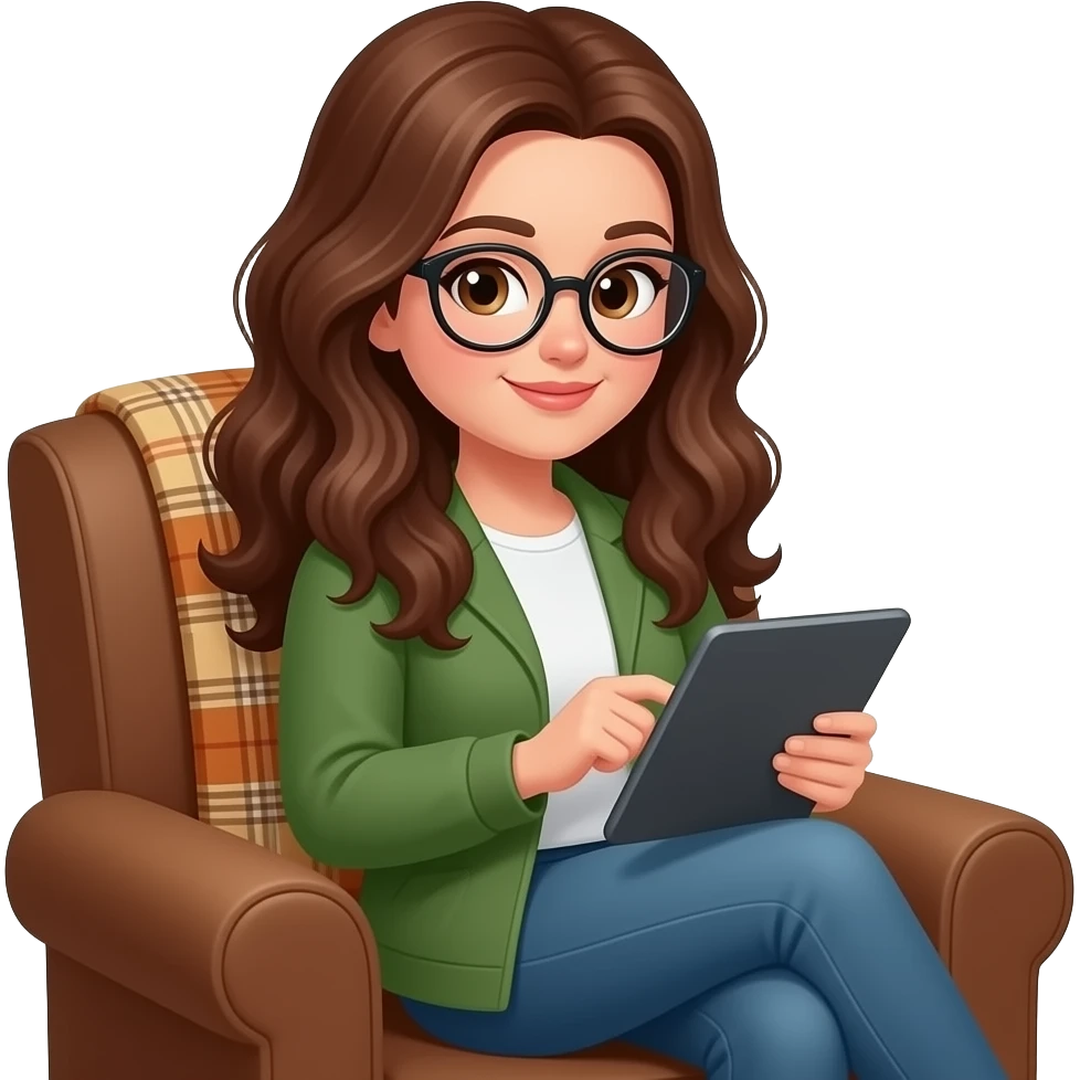 detailed emoji illustration of a curvy woman with long chestnut brown wavy hair, light brown eyes and round glasses sitting in a brown armchair with a planket scottish pattern in the back while reading on an e-reader tablet, cozy reading atmosphere, cute emoji style emoji