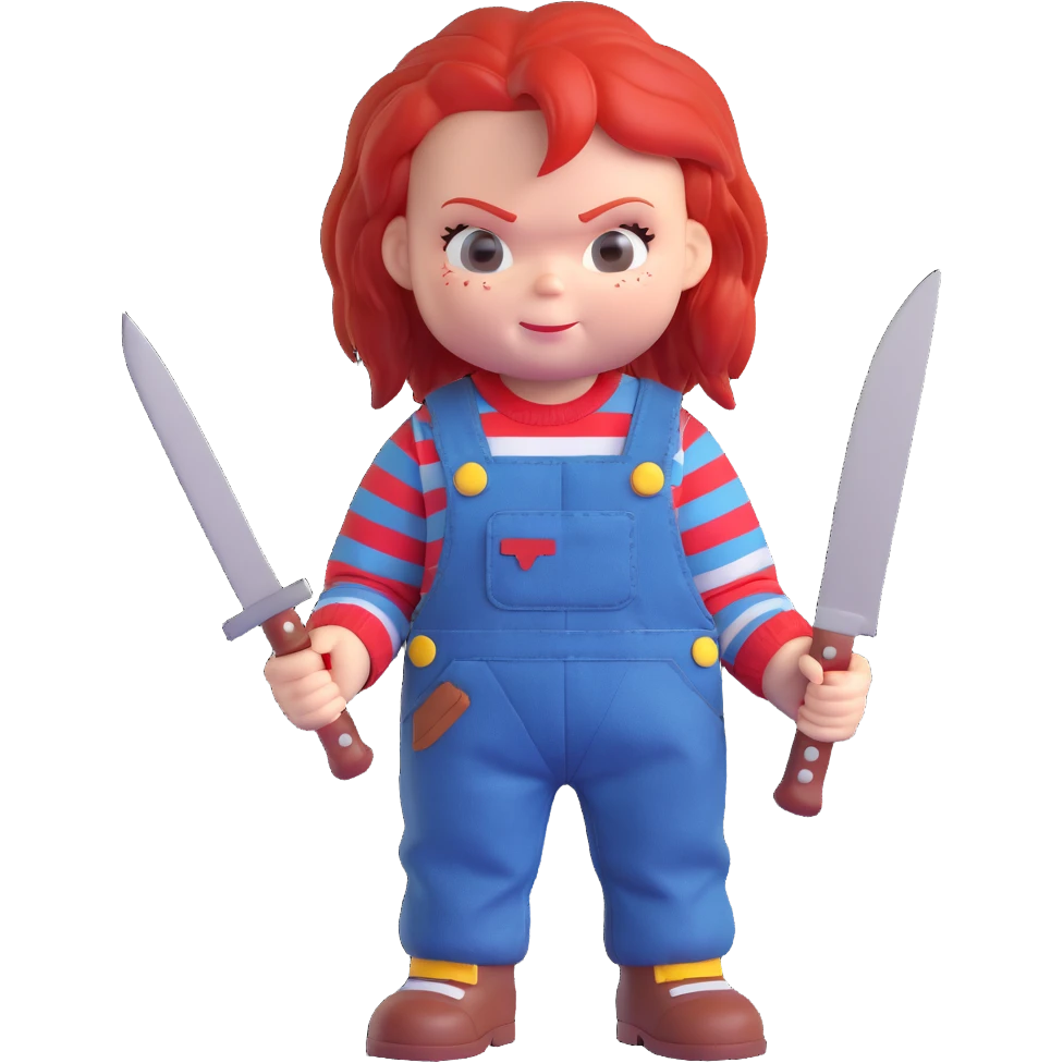 Chucky the doll 3D toy style, red hair, striped shirt, overalls, holding a knife emoji