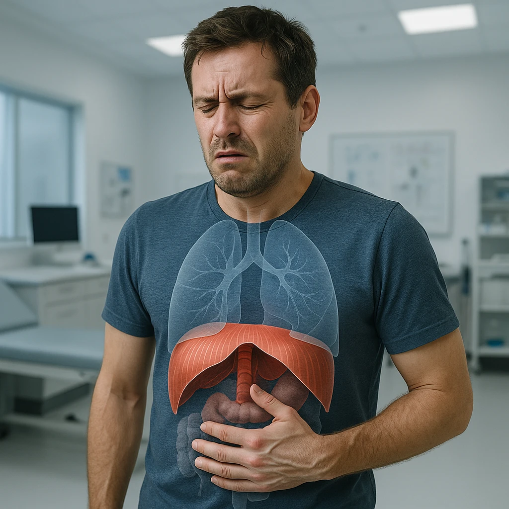 adult man with diaphragm blocked due to stress, hyper realistic style, expression of discomfort or difficulty breathing, anatomical details, hand on chest or abdomen, clinical atmosphere, modern medical environment emoji