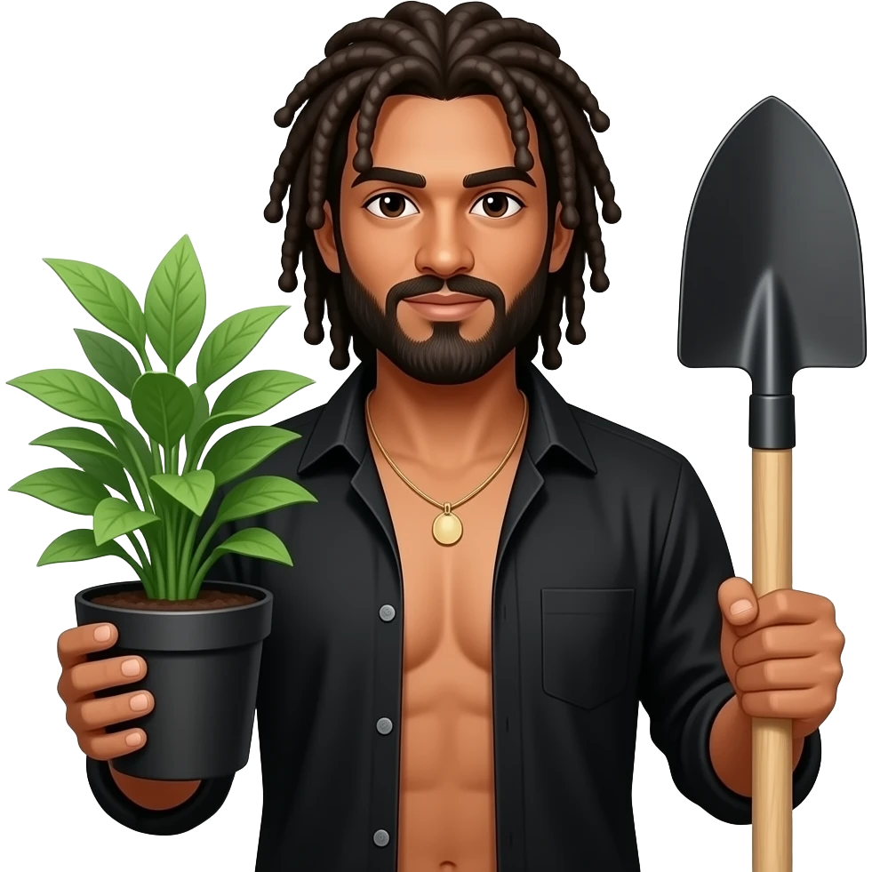 Sexy indian Gothic gardener wearing black shirt, chest howing, with dreadlocks holding a green plant in a black pot in one hand and black shovel in other hand Open shirt. emoji