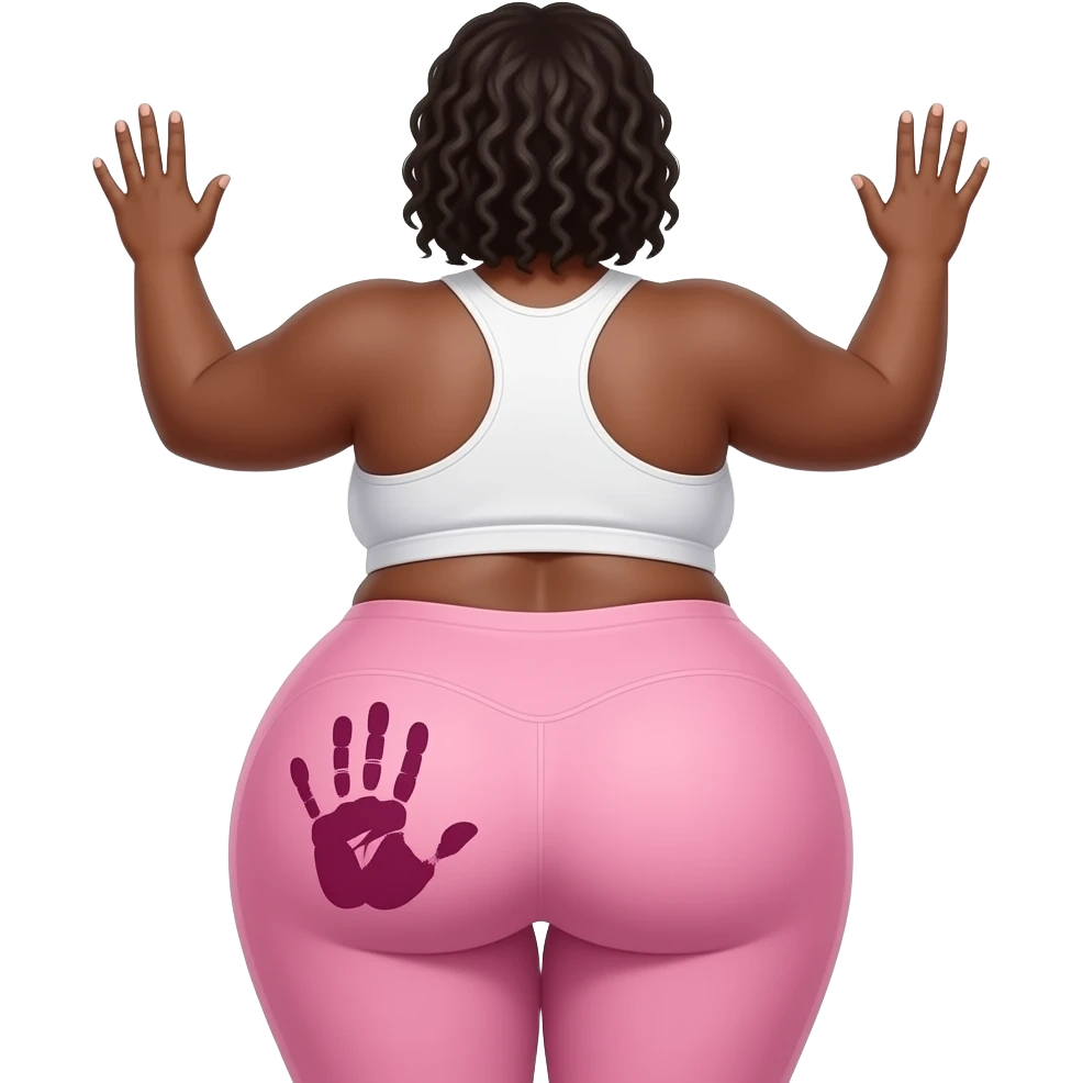 A extremely fat pink and white big booty African showing her yoga pants back her buttocks with putting her hands behind the wall with a dark pink colored hand print on her left buttocks emoji