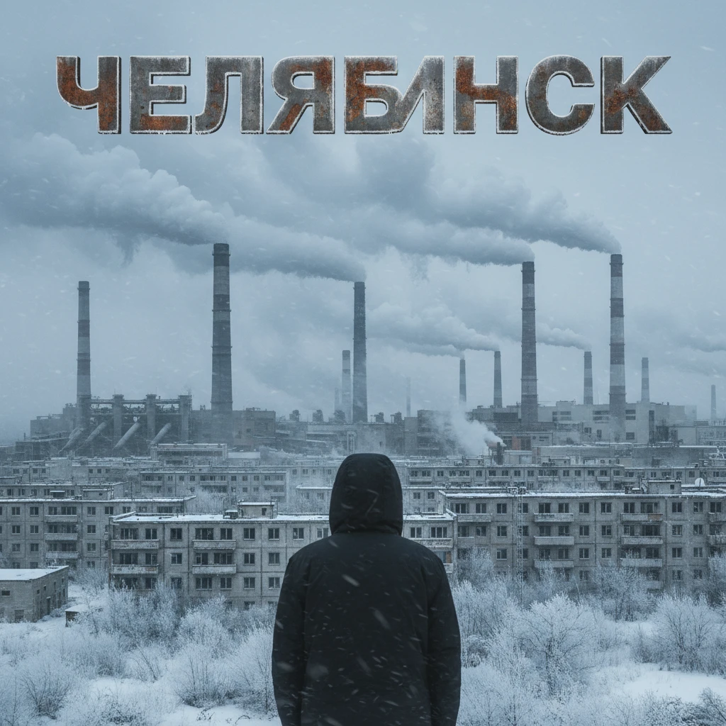 Сгенерируй мне такое же превью, с этим человеком, только чтобы было написанно ЧЕЛЯБИНСК, и на фоне всё связанное с челябинском, много заводов, депресивные панельные дома СССР и холод emoji