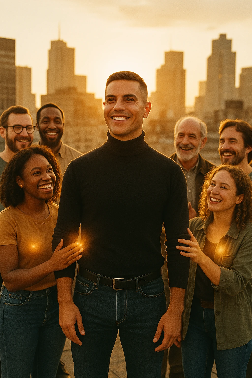 A cinematic scene of a man in his early 30s standing at the center of a sunlit urban rooftop during golden hour, surrounded by a diverse group of supportive, smiling people — friends, mentors, colleagues. They’re standing slightly behind or beside him, hands on his shoulder or gesturing toward him with encouragement. The man looks forward with a confident, inspired expression, body slightly relaxed, as if something inside di lui sta cambiando. The light behind the group forms a halo effect, emphasizing warmth and unity. Subtle visual symbolism: faint glow around their hands and hearts, suggesting their energy is uplifting him. Realistic clothing, modern style — jeans, T-shirts, casual jackets. The mood is inspiring, grounded, and full of potential. Shot in 35mm film style, with rich warm tones, shallow depth of field, and vibrant human detail. emoji