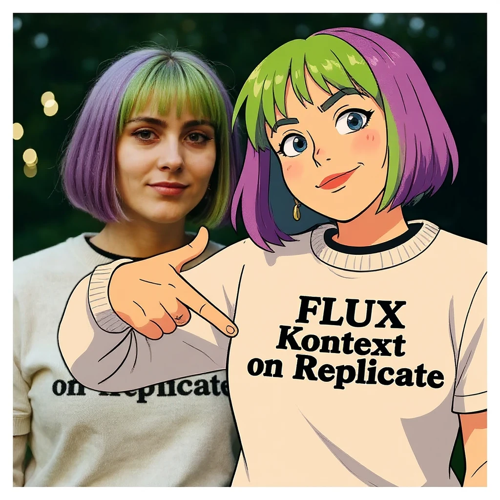 make a image of a girl with a anime version of that girl beside her wearing tshirt with text of just "FLUX Kontext" nothing else emoji