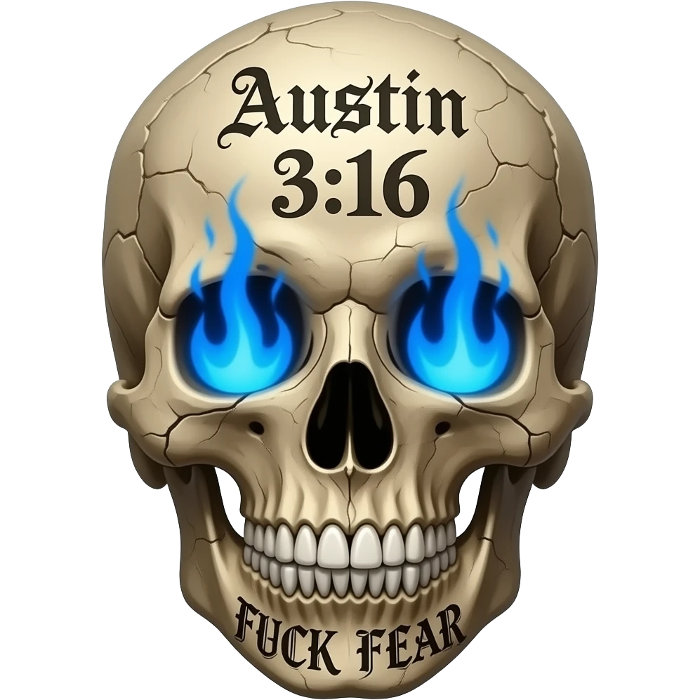 Forward facing, cracked, human skull, skull pieces missing, FUCK FEAR carved on jaw, same gothic font, slightly open, teeth slightly chipped, Austin 3:16 stacked, carved in forehead, eye & nose cavity with intense blue flames, words in a BLACK GOTHIC FONT, entire skull is aged, sun dried, weathered emoji