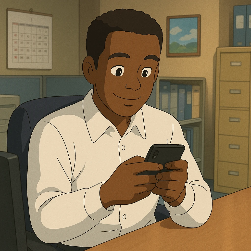 Black office employee, white shirt, playing on his phone emoji